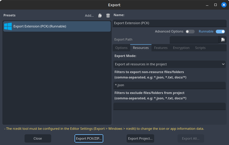 Extension Export Options