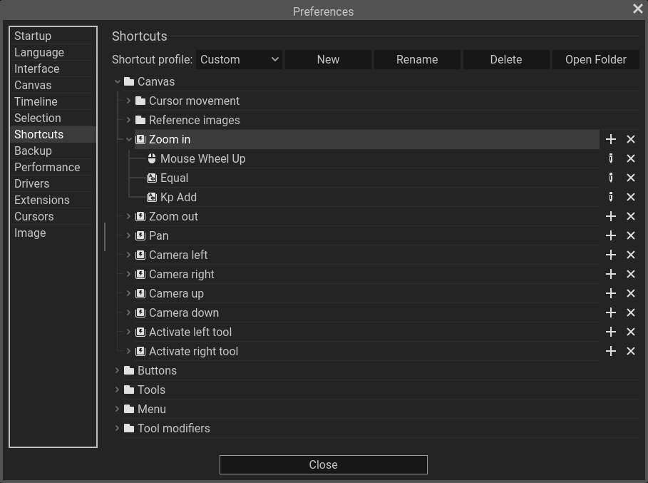 Shortcut settings in the Preferences