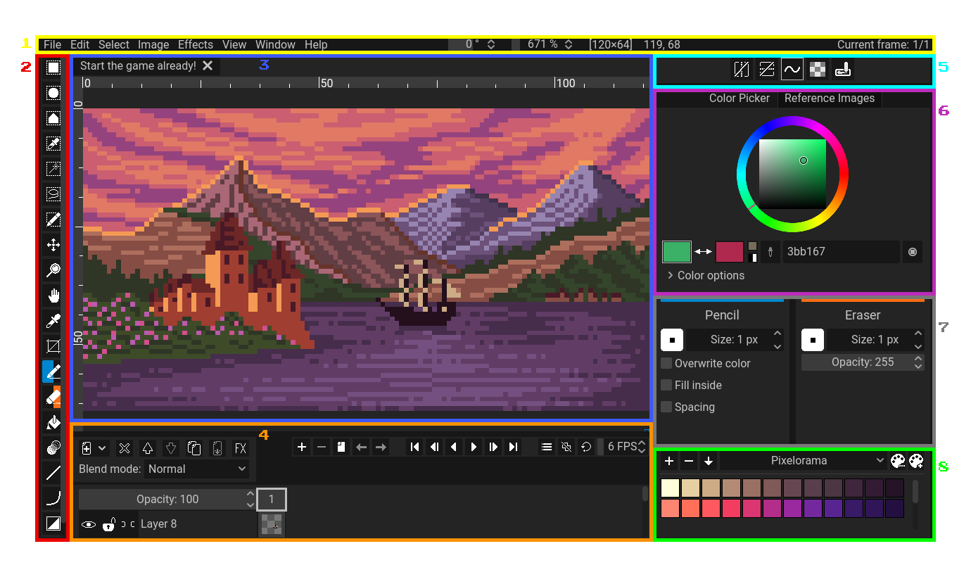 A screenshot of Pixelorama&#39;s UI which has been edited to have its interface numbered.